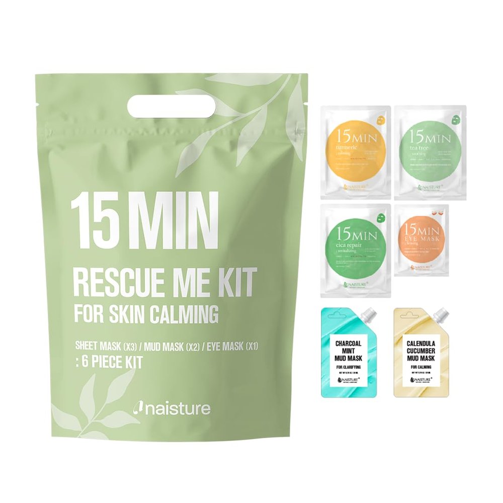 15 Min Rescue Me Kit by Naisture  Korean Spa and Skincare Kit for Women with Cica, Turmeric, and Tea Tree Sheet Masks, Eye Mask, Calendula Cucumber Mask, and Charcoal Mint Mud Mask for Redness Repair