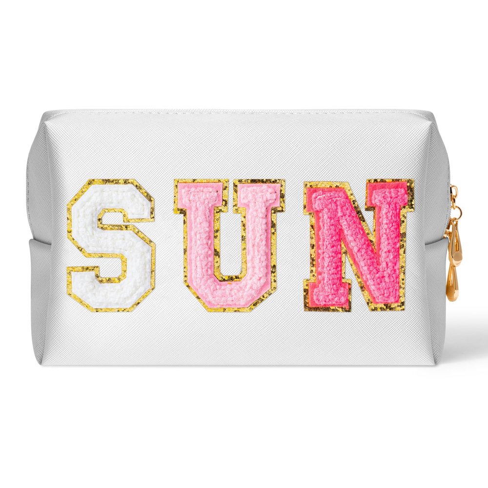 AsodSway Preppy Patch Sun Cosmetic Bag Christmas Gift Sunscreen PU Leather Toiletry Makeup Bag Portable Waterproof Makeup Pouch Travel Beach Pouch Daily Use Zipper Purse for Women Girls Birthday Gifts