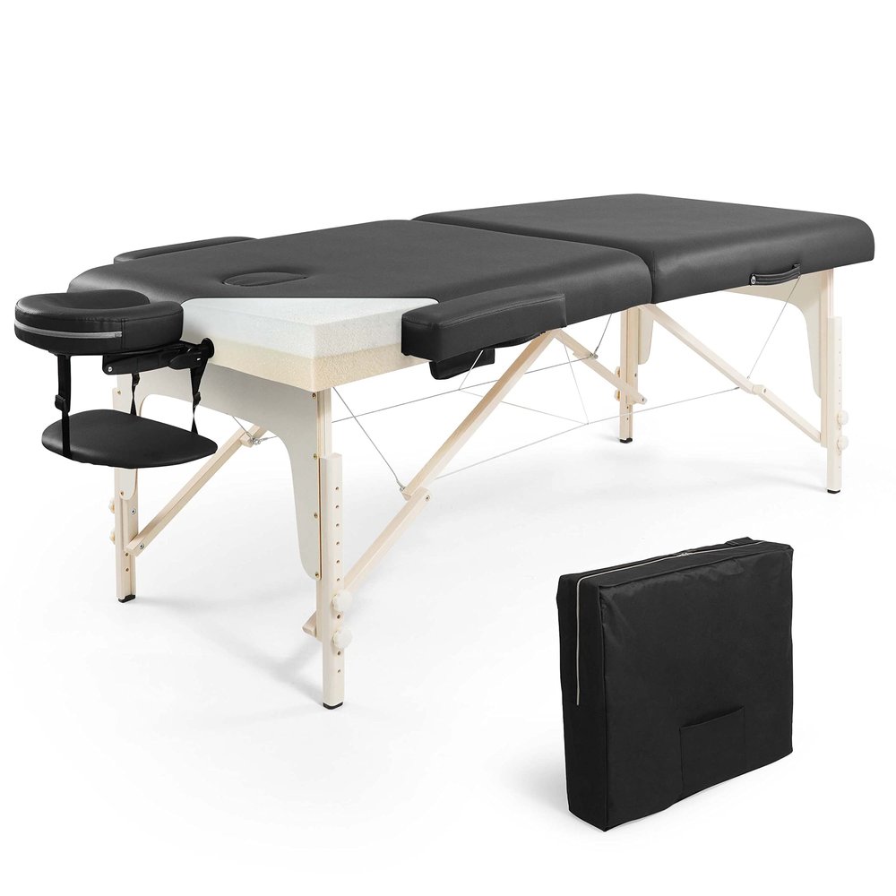 Fencer Wire 84 Inch Premium Memory Foam Massage Table, Foldable Massage Bed, Height Adjustable Spa Bed, Facial Cradle Salon Bed Wooden Legs & Carry Case, Black, 32 Inch Wide