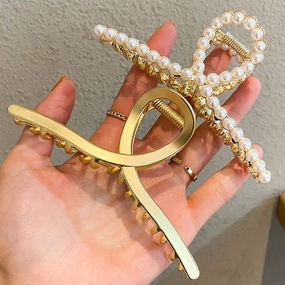 Large Metal Hair Claw for Women with Pearls 4.3 Inch Non-Slip Hair Clips Thick Hair Threaded Gold Claw Clips Shining Strong Crab Claws Cross Hair Barrettes 2 Pack (Matte Gold+Pearl Gold)
