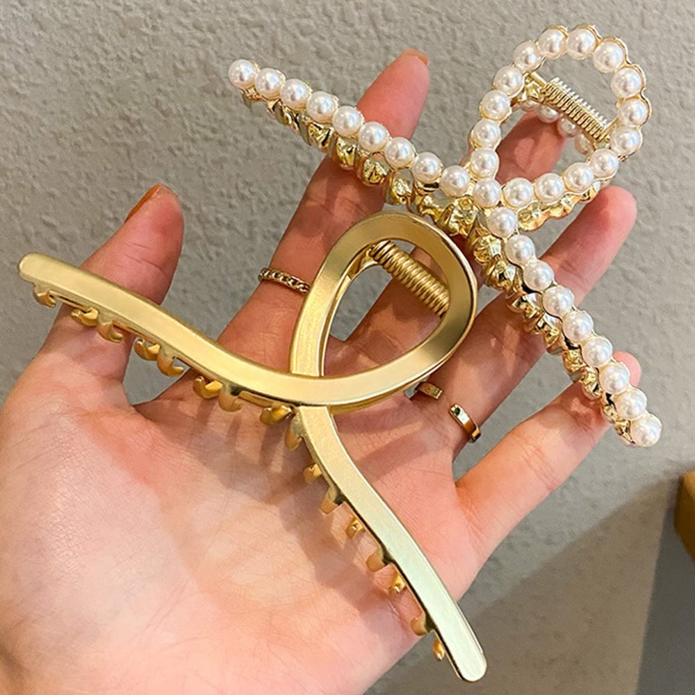 Large Metal Hair Claw for Women with Pearls 4.3 Inch Non-Slip Hair Clips Thick Hair Threaded Gold Claw Clips Shining Strong Crab Claws Cross Hair Barrettes 2 Pack (Matte Gold+Pearl Gold)