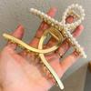 Large Metal Hair Claw for Women with Pearls 4.3 Inch Non-Slip Hair Clips Thick Hair Threaded Gold Claw Clips Shining Strong Crab Claws Cross Hair Barrettes 2 Pack (Matte Gold+Pearl Gold) view 1