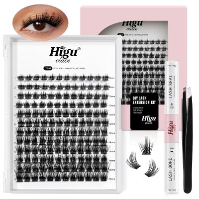 Higu clace Lash-Clusters-Kit,144Pcs D Curl Wispy Lash Clusters,8-16mm Natural Lash-Extension-Kit,with Lash Bond and Seal, Eyelash Tweezers(R-08)