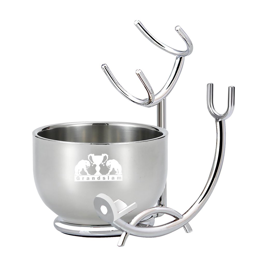 Grandslam Razor & Brush Stand with Double Stainless Steel Bowl Set for Shave Soap, Safety & Straight Razors, Silver