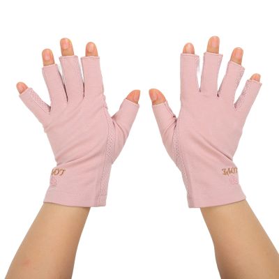 Dioche Anti Gloves for Gel Nail Lamp Manicure Gloves Stretchy Breathable Fingerless Fiber Cotton Nail Lamp Gloves for Home Salon(Pale Pinkish Gray)