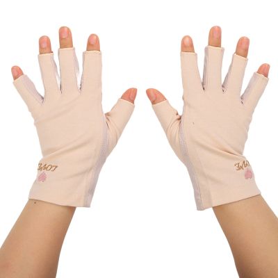 Dioche Anti UV Gloves for Gel Nail Lamp Manicure Gloves UV Stretchy Breathable Fingerless Fiber Cotton Nail Lamp Gloves for Home Salon(Light Yellow)