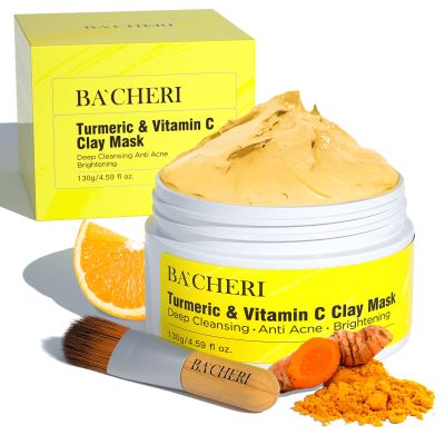 BACHERI Turmeric Vitamin C Clay Mask # 130g, Blackheads Acne Dark Spots Remover with Turmeric Extract, Glowing Skin, Refining Pores and Controlling Oil