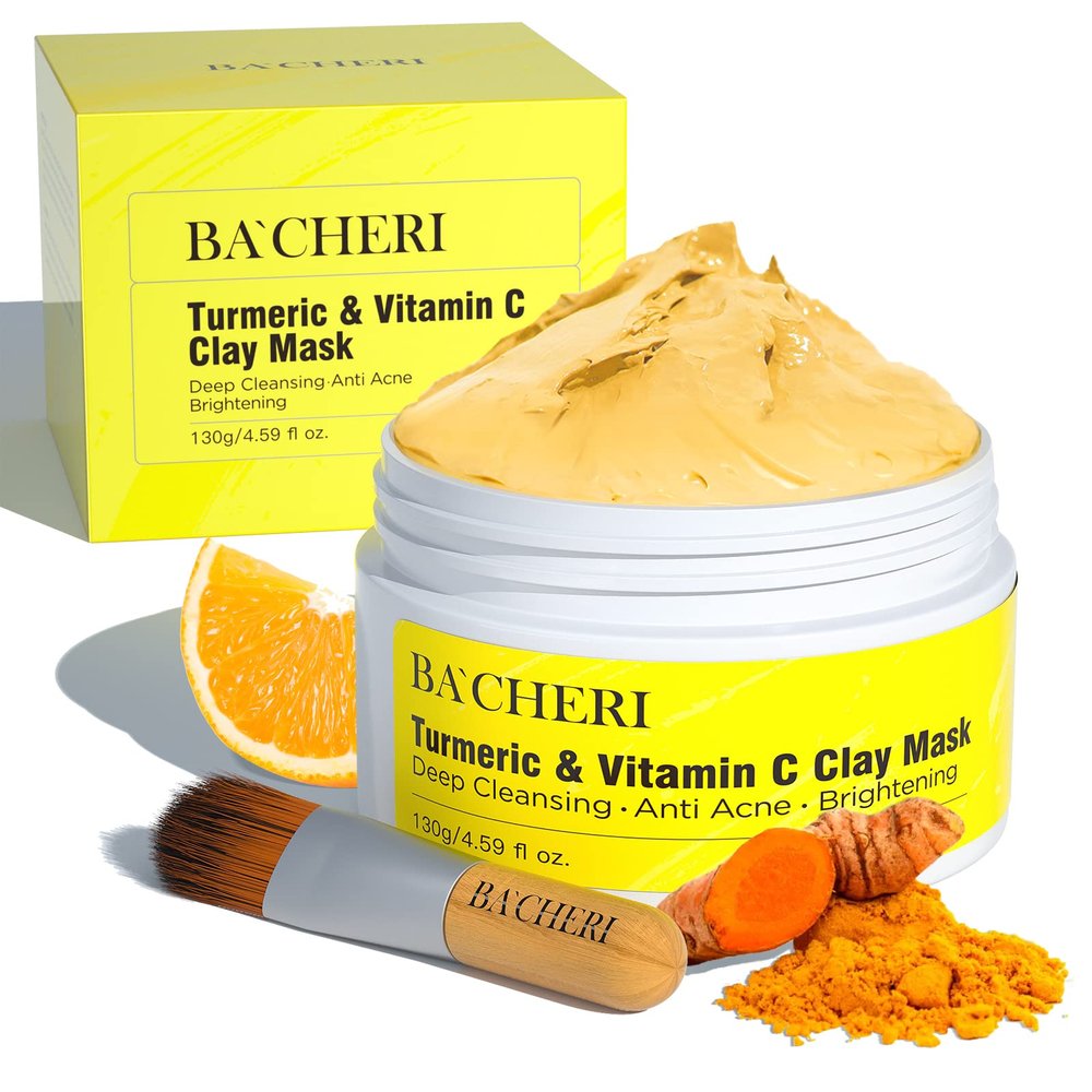 BACHERI Turmeric Vitamin C Clay Mask # 130g, Blackheads Acne Dark Spots Remover with Turmeric Extract, Glowing Skin, Refining Pores and Controlling Oil