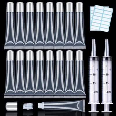 50PCS Silver Cap Lip Gloss Containers - Refillable Cosmetic Squeeze Tubes + 2 x 20ml Syringes & Labels for DIY Lip Gloss Base