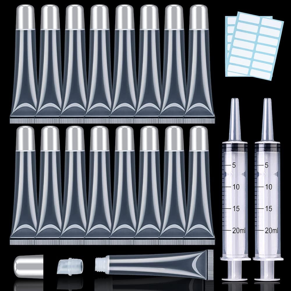 50PCS Silver Cap Lip Gloss Containers - Refillable Cosmetic Squeeze Tubes + 2 x 20ml Syringes & Labels for DIY Lip Gloss Base