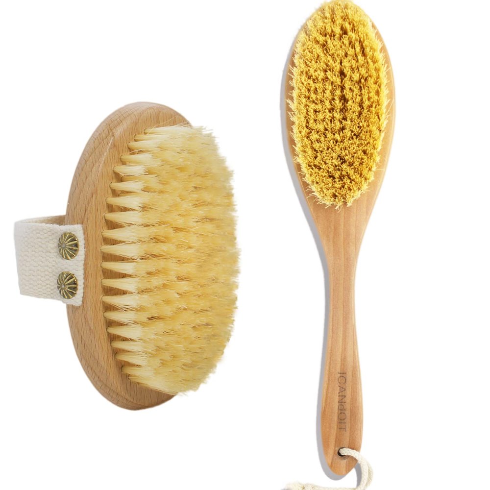 ICANdOIT-Long Handle Stiff Dry and Shower Brush+Medium Strength Boar Bristle Dry Body Brush