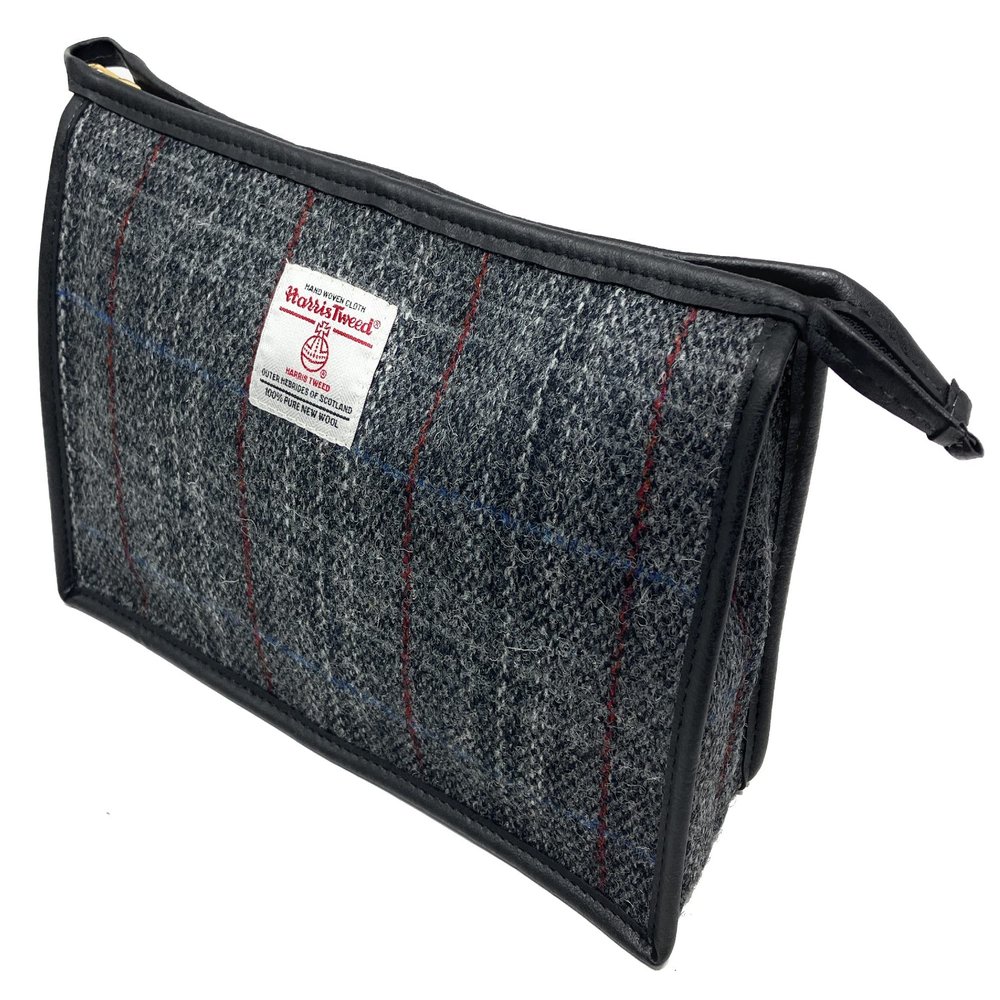 Harris Tweed Toiletries Wash Bag in Grey with Red Overcheck, Grey and Red, Toiletry Washbag