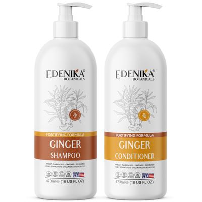 Edenika Botanicals Ginger Shampoo and Conditioner Set, Fortifying Formula with Certified and Organic Ingredients Naturally Nourish, Smooth and Detangle Hair 16oz Each