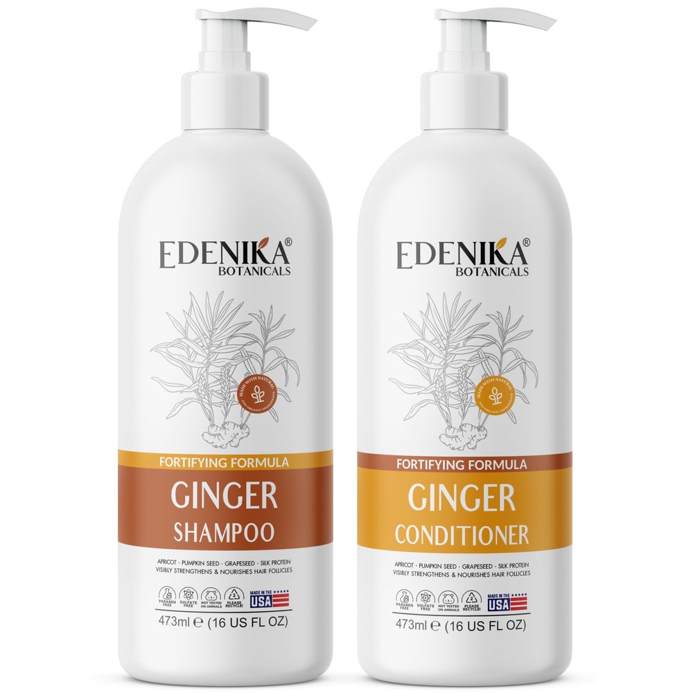 Edenika Botanicals Ginger Shampoo and Conditioner Set, Fortifying Formula with Certified and Organic Ingredients Naturally Nourish, Smooth and Detangle Hair 16oz Each