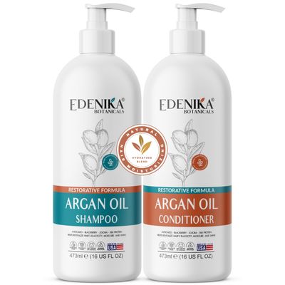 Edenika Botanicals Argan Oil Shampoo and Conditioner Set with Biotin, Repairs Dry & Damaged Hair, Deeply Hydrating & Nourishing, Women & Men, Sulfate-Free, Organic, 16 fl oz Each