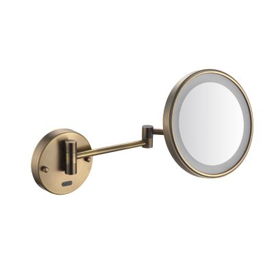 HUHJYUGE Wall Mounted LED Induction Makeup Mirror Magnification, 8 Inch Round Single Side Vanity Mirrors, Retractable Rotation Cosmetic Mirror for Bathroom, Shaving Mirror (Antique Copper Plug 3X)