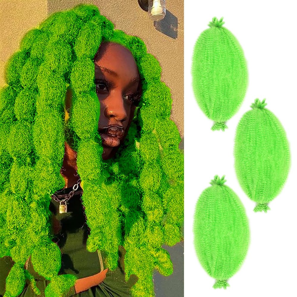 ADIASAI 3 Packs Green Springy Afro Twist Hair with Crochet Hook, 16 Inch Pre-Separated Marley Crochet Braiding Hair for Distressed Soft Locs, Synthetic Hair Extension for Black Women