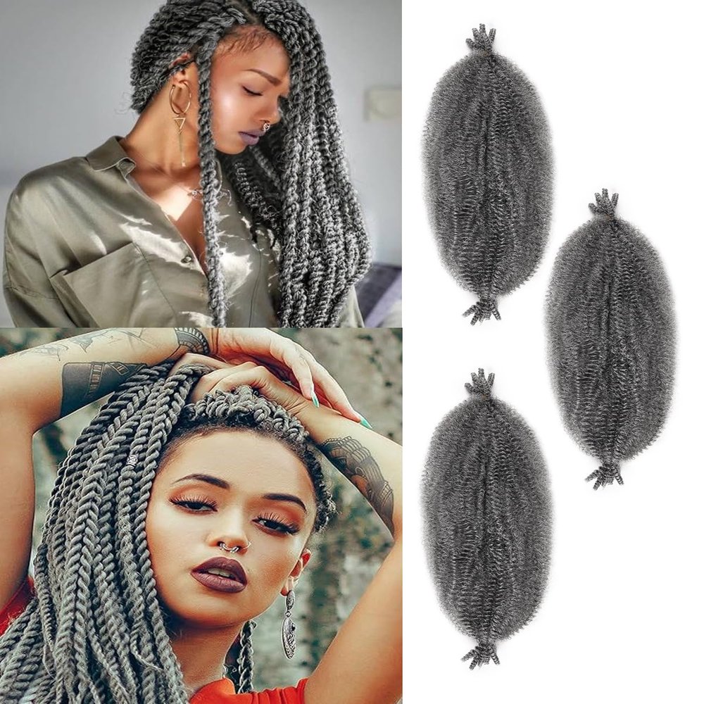 ADIASAI 3 Packs Grey Springy Afro Twist Hair with Crochet Hook, 16 Inch Pre-Separated Marley Crochet Braiding Hair for Distressed Soft Locs, Synthetic Hair Extension for Black Women