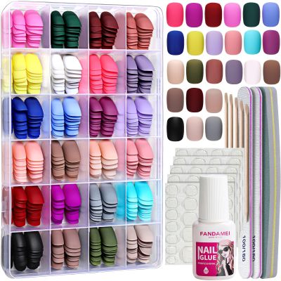 FANDAMEI Short Press on Nails, 24 Packs 576PCS Short Round Press on Nails Matte, Acrylic Small Fake Nails Full Cover, Matte Glue on Nails with 7g Nail Glue, 24 Color False Nail