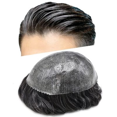 Toupee for Men Hairpiece Mens Hair Replacement System Full Injected PU Durable Skin Mens Toupee Wig Male Prosthesis Full Poly Skin Soft Human Hair Piece for Men Black Brown Blonde Grey (8"x10", #1 Jet Black-120% Medium Light to Medium Density)