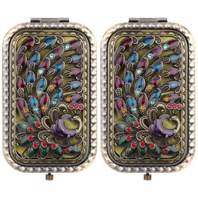Beaupretty 2pcs Sided Mini Mirror, Antique Pocket Peacock Women Double Mirrors Girls Clasp Ourdoor Foldable Rhinestone Button Vanity Handbag Mirror, Vintage Compact Purses Beauty