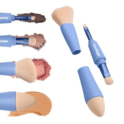 Alleyoop Multi-Tasker 4-in-1 Travel Makeup Brush Set  Compact Makeup Brushes with Blending Sponge, Eyeshadow, Eyebrow & Liner, Blush & Bronzer Brush  Mini Makeup Tools Kit for Women, Vegan