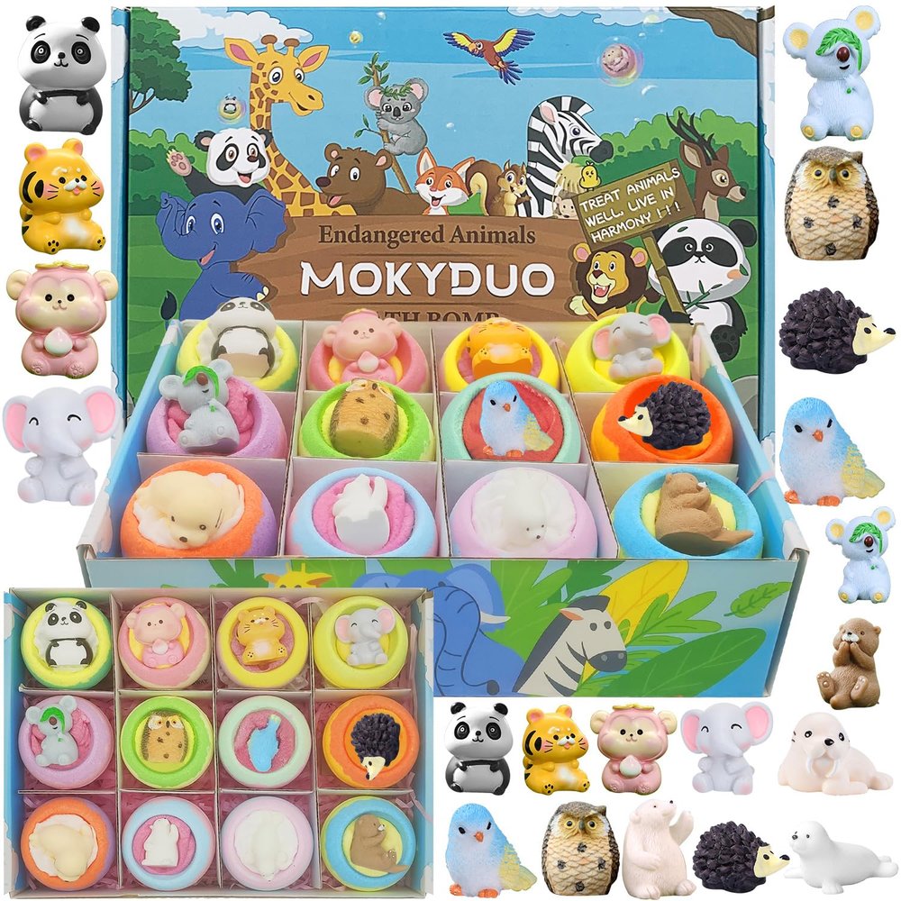 Bath Bombs for Kids with Surprise Inside,12-Pack Natural Organic Kids Bath Bombs with Endangered Animals Toys, Fun & Educational Gift, Ideal Birthday,Christmas,Children's Day Gifts kit
