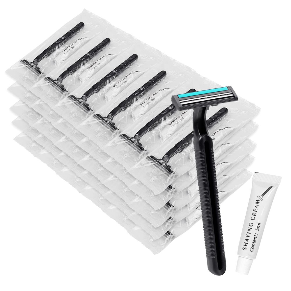Disposable Razors in Bulk, Bulk Razors with Knife Cap, Black, Individually Packaged Disposable Razors Bulk with Shaving Cream for Hotels, Nursing Homes, Shelters, Homeless, Charities (pack-50)