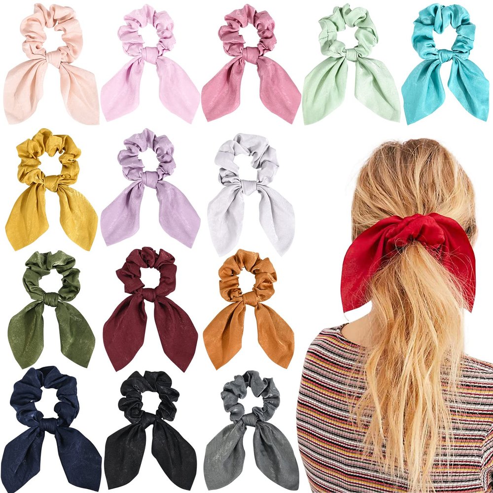 14 PCS Bow Hair Scrunchies Bunny Ears Silk Scrunchies Hair Ties Bobbles Elastic Hair Ties Ropes Ponytail Holder Hair Accessories for Women
