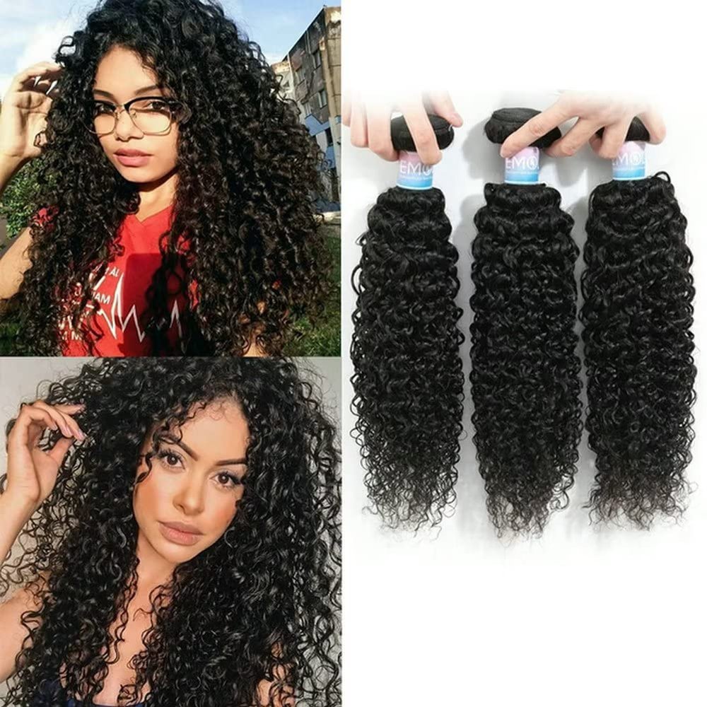 Kinky Curly Human Hair Bundles - Thick Curly Weave, Virgin Hair, Full Head, Natural Black Color, Can Be Dyed - 3 Bundles Total, 300g, 18 Inch