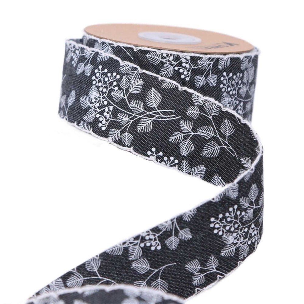 Bouquet Leaves Printed Denim Webbing DIY Handmade Bow tie Headdress lace Material Hair Ring Bow tie Straw hat Flowers Packaging Strap (Color : Teeth Black, Size : 25mm)