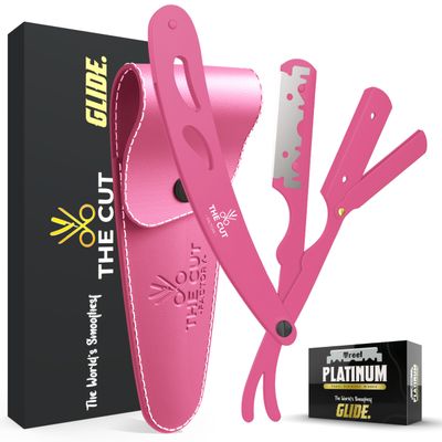 The Cut- Factory- Straight Razor with 20 Pack Platinum Treat Single Blade Razors for Men- Professional Barber Straight Edge Razor for Close Shaving 100 Percent Stainless Steel, Pink