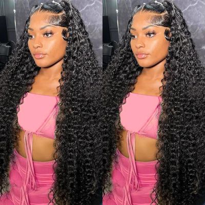 13x4 Water Wave Lace Front Wigs 180% Density Pre Plucked with Baby Hair Water Wave Transparent Lace Wigs Brazilian Virgin Human Hair 24Inch Glueless Water Wave Lace Frontal Wigs Natural Color