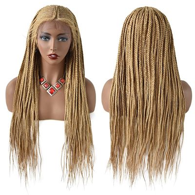 30" Long Box Braided Wigs for Black Women 7"X13" Swiss Lace Front Hand Braided Wigs with Baby Hair Natural Hairline Synthetic Micro Cornrow Lightweight Braids Glue Less Wigs FACE MIRACLE (#27/613M Blonde)