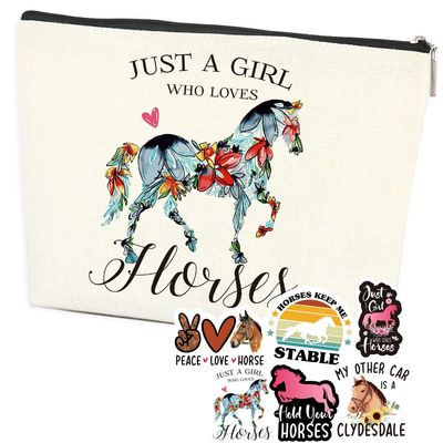 Azteoiz Horses Gifts Girls Horse Cosmetic Bag and 5 Piece Stickers Just a Horses-loving Girl Cowgirl Equestrian Travel Bag Cosmetic Bag Gifts Horse Cosmetic Bag Horseshoe Horse Gifts for Girls
