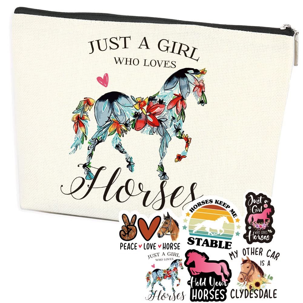 Azteoiz Horses Gifts Girls Horse Cosmetic Bag and 5 Piece Stickers Just a Horses-loving Girl Cowgirl Equestrian Travel Bag Cosmetic Bag Gifts Horse Cosmetic Bag Horseshoe Horse Gifts for Girls
