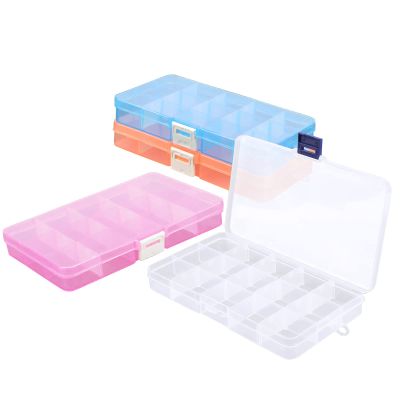 Cosics Small Compartment Organizer Case, 4PCS 15-Grid Adjustable Plastic Box with Dividers, Acrylic Fake Nail Charms Bead Rhinestone Jewelry Holder, Craft Screw Hardware Parts Empty Storage Container