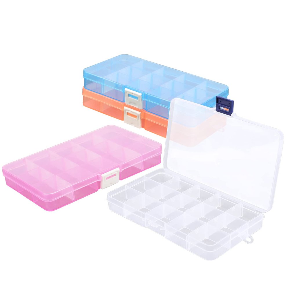 Cosics Small Compartment Organizer Case, 4PCS 15-Grid Adjustable Plastic Box with Dividers, Acrylic Fake Nail Charms Bead Rhinestone Jewelry Holder, Craft Screw Hardware Parts Empty Storage Container