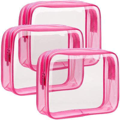 F-color TSA Approved Toiletry Bag 3 Medium - Clear Toiletry Bag Clear Makeup for Women, Quart Size Travel Bag, Carry on Airport Airline Compliant Bag, Matte Rose Red(for age 12 or above)