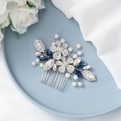 Catery Flower Bride Wedding Hair Comb Blue Crystal Side Combs Pearl Rhinestone Bridal Hair Piece Headpiece Wedding Hair Accessories for Women and Girls