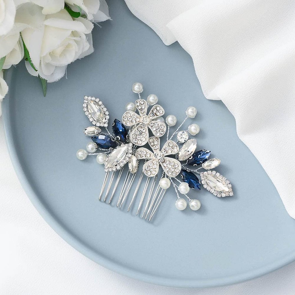 Catery Flower Bride Wedding Hair Comb Blue Crystal Side Combs Pearl Rhinestone Bridal Hair Piece Headpiece Wedding Hair Accessories for Women and Girls
