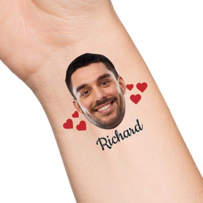 Custom Heart Temporary Tattoos with Face Name Text, Personalized Temporary Tattoo with Face for Adults Couple Women Men Custom Name Tattoos for Birthday Bachelorette Party, 1 Set of 15 Pieces