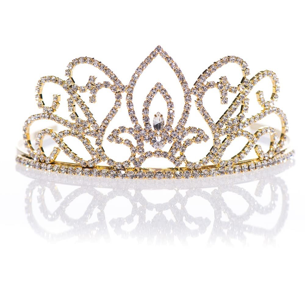 Andersons Adela Tiara, 2-1/4 Inches High, Gold Rhinestone Crown, Prom Queen Tiara, Princess or Pageant Headpiece for Wedding, Homecoming, Quinceaera, Birthday, School Dance, Winter Formal, Award, Costume, Party, Event