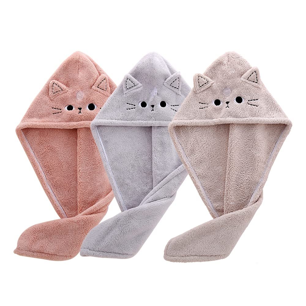 Cute Cat Microfiber Hair Towel Wrap for Kids,3 Packs Hair Drying Towels Rapid Dry Hair Turban Funny Twist Hair Towel for Women Girls Kids Curly Long Hair(Cat)