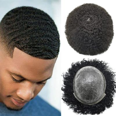 Hair System for Black Men Kinky Curly All PU Injection Toupee for Men 6mm Afro Wave African American Mens Toupee Hairpieces 100% Brazilian Human Hair Units Full Poly Male Prosthesis Wig for Men