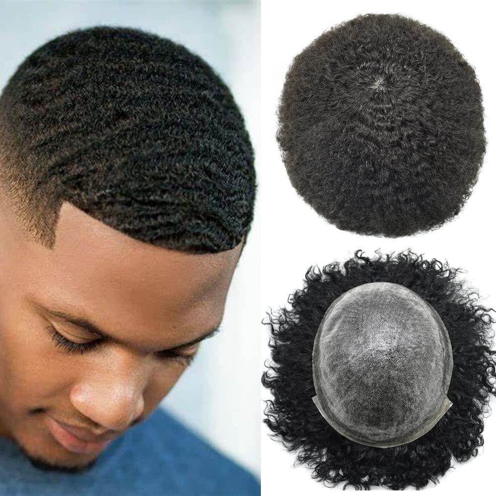 Hair System for Black Men Kinky Curly All PU Injection Toupee for Men 6mm Afro Wave African American Mens Toupee Hairpieces 100% Brazilian Human Hair Units Full Poly Male Prosthesis Wig for Men