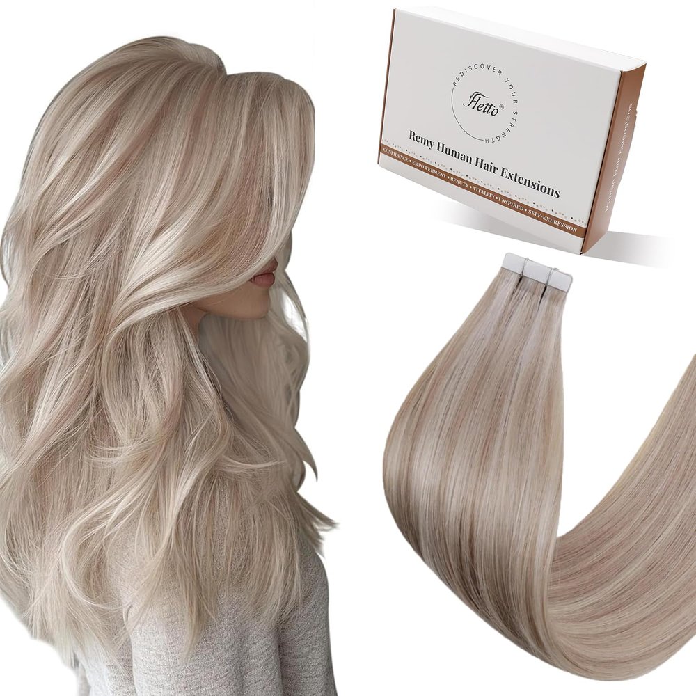 Hetto Tape in Hair Extensions Human Hair Ash Blonde Highlight Bleach Blonde Tape on Extensions Straight #18/613 16 Inch Tape in Remy Hair Extensions 20Pcs 50g Real Hair