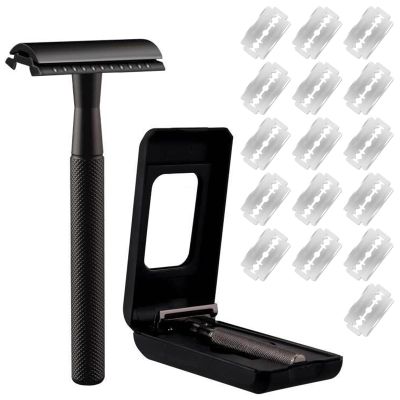 Double Edge Safety Razor Heavy Duty Long Handle Safety Razor with 16 Blades, Shaving Razor with a Delicate Storage Box,Fits All Double Edge Razor Blades(Matt Gold)