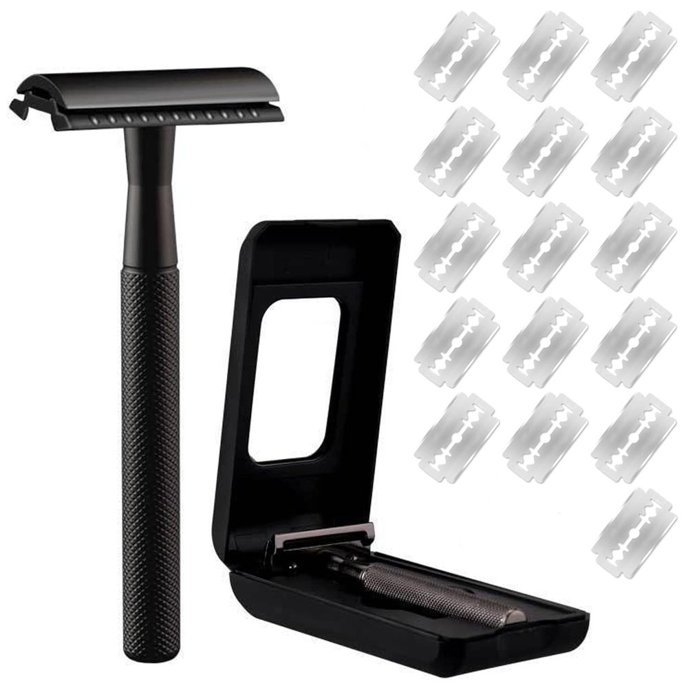 Double Edge Safety Razor Heavy Duty Long Handle Safety Razor with 16 Blades, Shaving Razor with a Delicate Storage Box,Fits All Double Edge Razor Blades(Matt Gold)