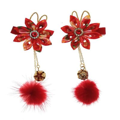 1pair Classical Hair Clips Floral Pompom Tassel Hair Clip Vintage Hair Pin Hanfu Hair Barrette Hair Accessories for Women Girls Ladies (Red)